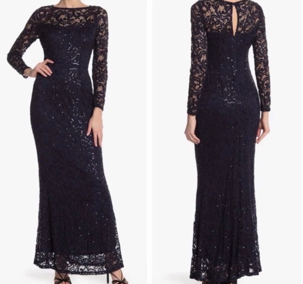 Marina 10 Black Long Slv Lace Floral Pattern Shimmering Sequins Formal Gown NWT